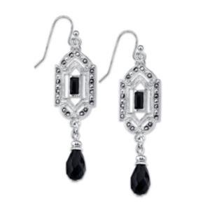 2028 Silver-tone Black Crystal And Marcasite Drop Earrings