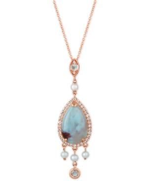 Le Vian Sky Aquaprase (16 X 10mm), Cultured Freshwater Pearl (3mm) & White Topaz (3/8 Ct. T.w.) 18 Pendant Necklace In 14k Rose Gold