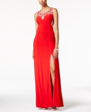 Crystal Doll Juniors' Jeweled Illusion Side-slit Gown
