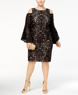 Xscape Plus Size Lace Bell-sleeve Cold-shoulder Dress