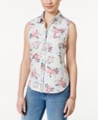 Polly & Esther Juniors' Sleeveless Floral-print Button-down Shirt