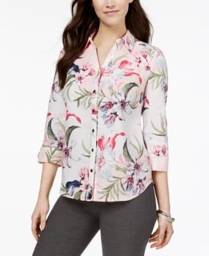Jm Collection Linen Printed Roll-tab Shirt, Created For Macy's