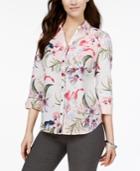 Jm Collection Linen Printed Roll-tab Shirt, Created For Macy's