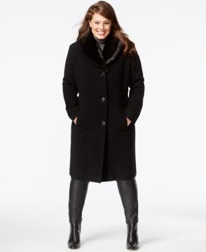 Jones New York Plus Size Faux-fur-collar Herringbone Walker Coat