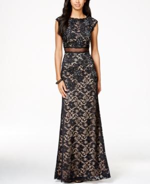 Betsy & Adam Petite Open-back Lace Illusion Gown