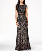 Betsy & Adam Petite Open-back Lace Illusion Gown
