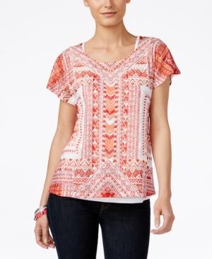 Style & Co. Printed Crochet-overlay Top, Only At Macy's
