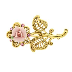 2028 Gold-tone Pink Crystal And Porcelain Rose Brooch