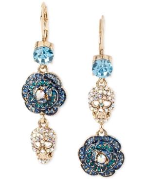 Betsey Johnson Gold-tone Glitter Skull And Rose Mismatch Drop Earrings