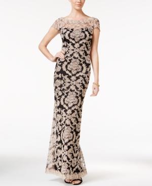 Tadashi Shoji Illusion-lace Cap-sleeve Gown