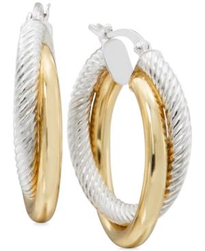 Two-tone Textured Overlapped Hoop Earrings In Sterling Silver And 14k Gold-plate