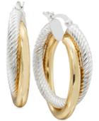 Two-tone Textured Overlapped Hoop Earrings In Sterling Silver And 14k Gold-plate