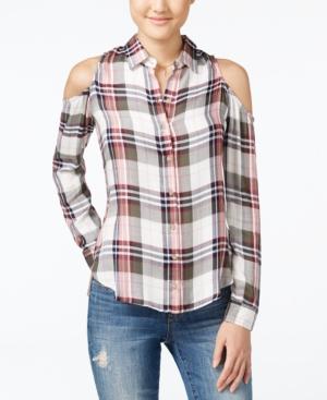Polly & Esther Juniors' Plaid Cold-shoulder Button-front Shirt