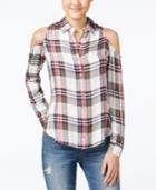 Polly & Esther Juniors' Plaid Cold-shoulder Button-front Shirt
