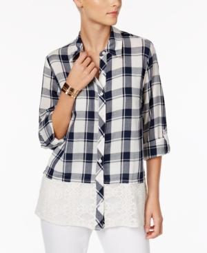 Style & Co Cotton Lace-hem Plaid Shirt, Only At Macy's
