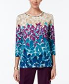 Alfred Dunner Leaf-print Beaded-neck Top