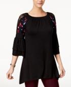 Ny Collection Embroidered Lace-trim Ruffle-sleeve Top