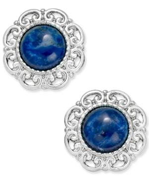 Silver-tone Blue Stone Button Earrings
