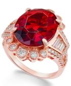 Crimson Glass Stone & Cubic Zirconia Ring In 14k Rose Gold-plated Sterling Silver