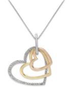 Diamond Tri-tone Triple Heart Pendant Necklace In Sterling Silver And 14k Gold (1/5 Ct. T.w.)