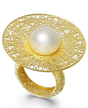Cultured Freshwater Pearl Flower Ring In 18k Gold Over Sterling Silver (11mm)