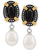 Black Onyx (6 X 10mm) & Cultured Freshwater Pearl (8mm) Drop Earrings In Sterling Silver & 14k Gold-plate