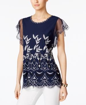 Alfani Petite Embroidered Flutter-sleeve Top, Only At Macy's