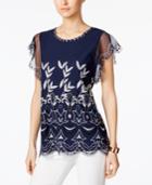 Alfani Petite Embroidered Flutter-sleeve Top, Only At Macy's