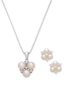 Cultured Freshwater Pearl And Cubic Zirconia Pendant Necklace And Stud Earrings Set In Sterling Silver