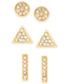 Touch Of Silver Set Of Three Crystal Stud Earrings In 14k Gold-plated Metal