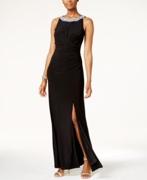 Alex Evenings Embellished Ruched Slit Gown