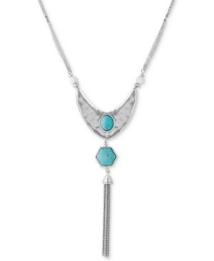 Lucky Brand Silver-tone White & Blue Stone With Tassel Reversible Pendant Necklace, 25-1/2 + 2