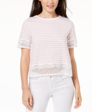 One Hart Juniors' Striped Lace-trimmed Cropped T-shirt, Created For Macy's