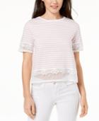 One Hart Juniors' Striped Lace-trimmed Cropped T-shirt, Created For Macy's
