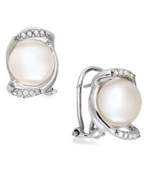 Sterling Silver Earrings, Diamond (1/10 Ct. T.w.) And Cultured Freshwater Button Pearl (10mm) Stud Earrings
