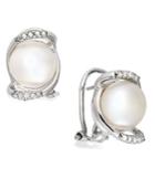 Sterling Silver Earrings, Diamond (1/10 Ct. T.w.) And Cultured Freshwater Button Pearl (10mm) Stud Earrings