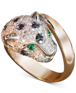 Effy Signature Black And White Diamond (1-1/3 Ct. T.w.) And Emerald Accent Panther Ring In 14k Rose Gold