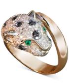 Effy Signature Black And White Diamond (1-1/3 Ct. T.w.) And Emerald Accent Panther Ring In 14k Rose Gold