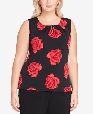 Tahari Asl Plus Size Printed Keyhole Shell