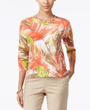 Alfred Dunner Petite Embellished Lattice-detail Leaf-print Top