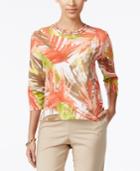 Alfred Dunner Petite Embellished Lattice-detail Leaf-print Top