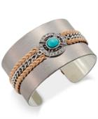 Silver-tone Braided Leather Turquoise-look Stone Open Cuff Bracelet