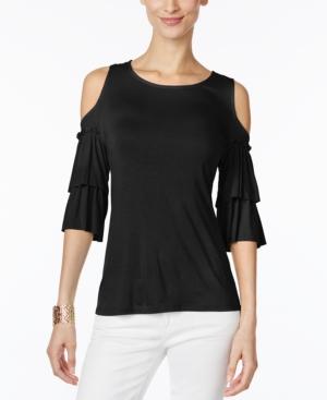 Inc International Concepts Petite Ruffle-sleeve Cold-shoulder Top, Only At Macy's