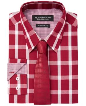 Nick Graham Men's Fitted Graph Buffalo Check Dress Shirt & Textured Geo Tie Set