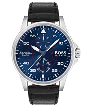 Boss Hugo Boss Men's Aviator Black Leather Strap Watch 44mm