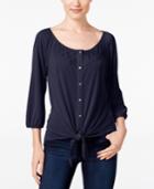 Ny Collection Petite Lace-yoke Tie-front Top