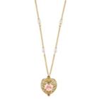 2028 Gold-tone Pink Crystal Heart And Pink Porcelain Rose Filigree Necklace 16 Adjustable