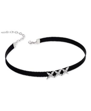 Danori Silver-tone Crystal Pave Triple Star Black Ribbon Choker Necklace