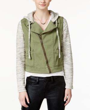 Tinseltown Juniors' Asymmetrical-zip Contrast Denim Jacket
