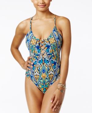 Bar Iii Monarchy Tribal-print Lace-up One-piece Swimsuit, Created For Macy's Women's Swimsuit